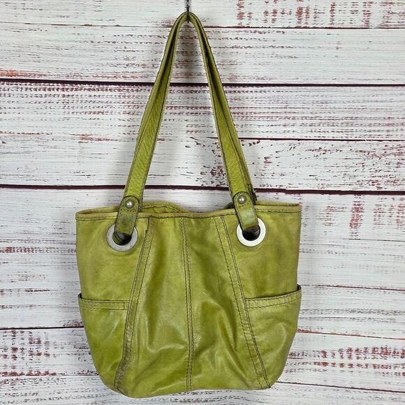 Fossil Vintage Olive Green Leather Tote Dual Strap Carryall Purse Western Grunge - Picture 1 of 12